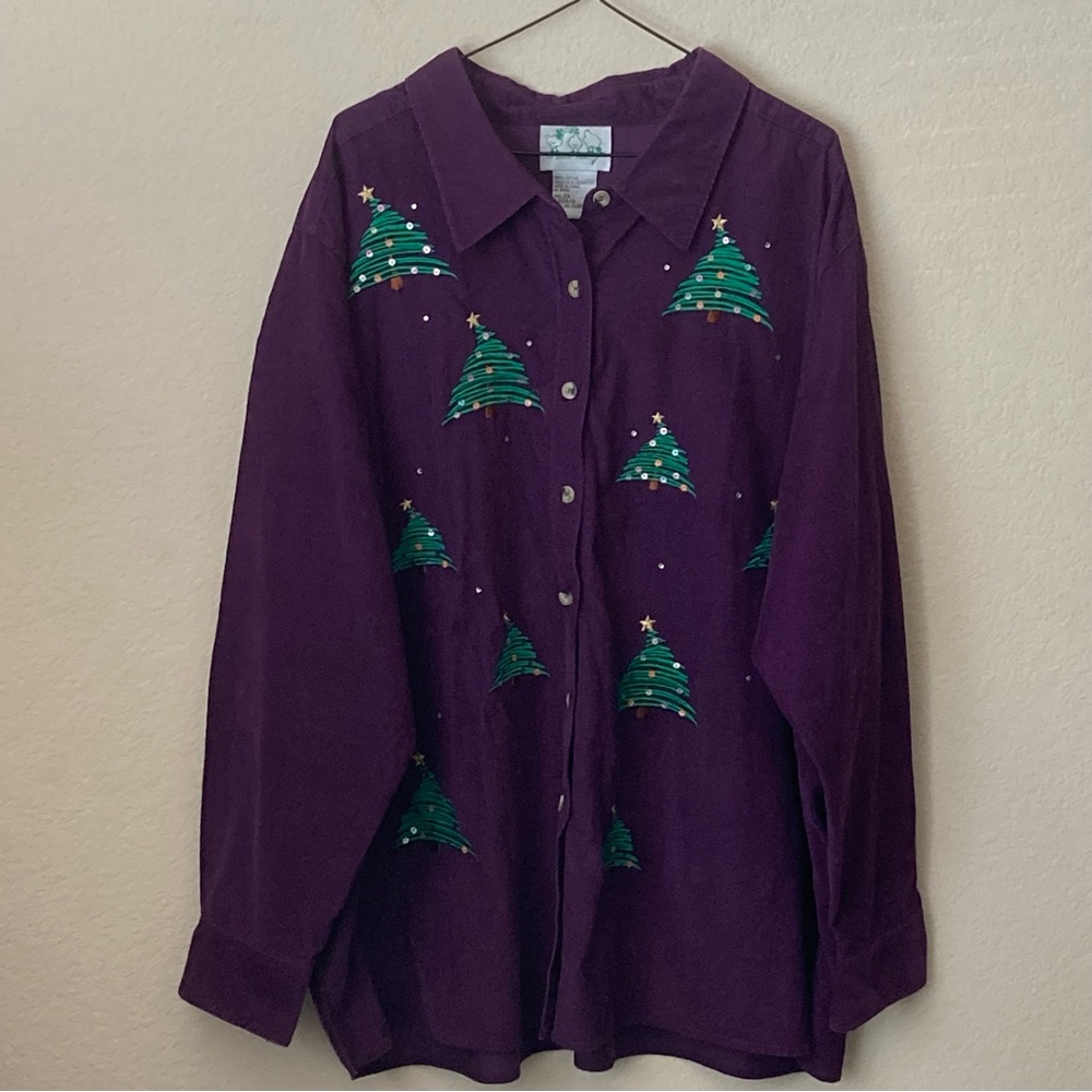 The Quacker Factory Christmas Trees Corduroy Button Up Shirt